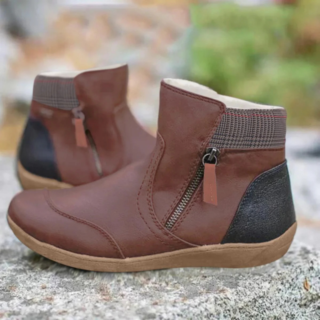 Evelyne | Bottines d'Hiver Femme Effet Cuir Doublées à Zip et Col Écossais - Marron