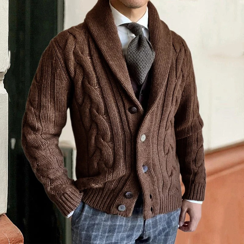 Fabien | Cardigan Homme Col Châle en Grosse Maille Torsadée - Marron