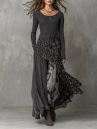 Félicie | Robe Longue Femme Maille Côtelée et Voile Imprimé Léopard - Gris