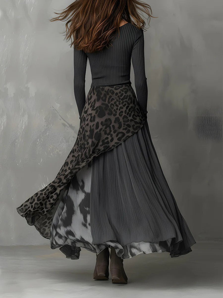 Félicie | Robe Longue Femme Maille Côtelée et Voile Imprimé Léopard - vue 2