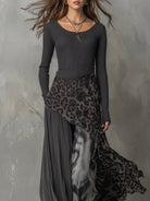 Félicie | Robe Longue Femme Maille Côtelée et Voile Imprimé Léopard - vue 3