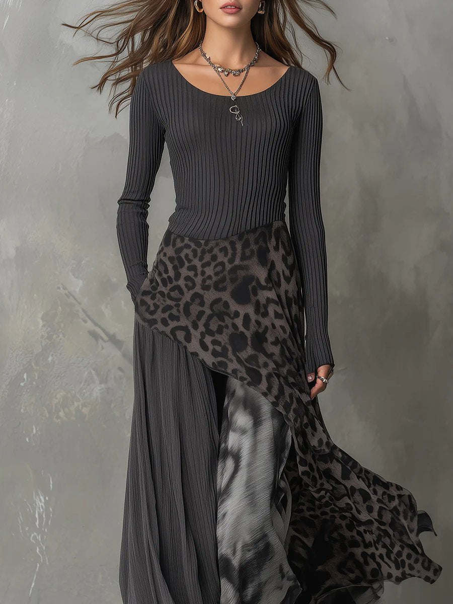 Félicie | Robe Longue Femme Maille Côtelée et Voile Imprimé Léopard - vue 3