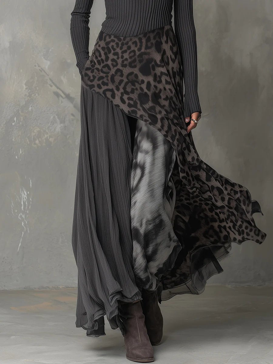 Félicie | Robe Longue Femme Maille Côtelée et Voile Imprimé Léopard - vue 4