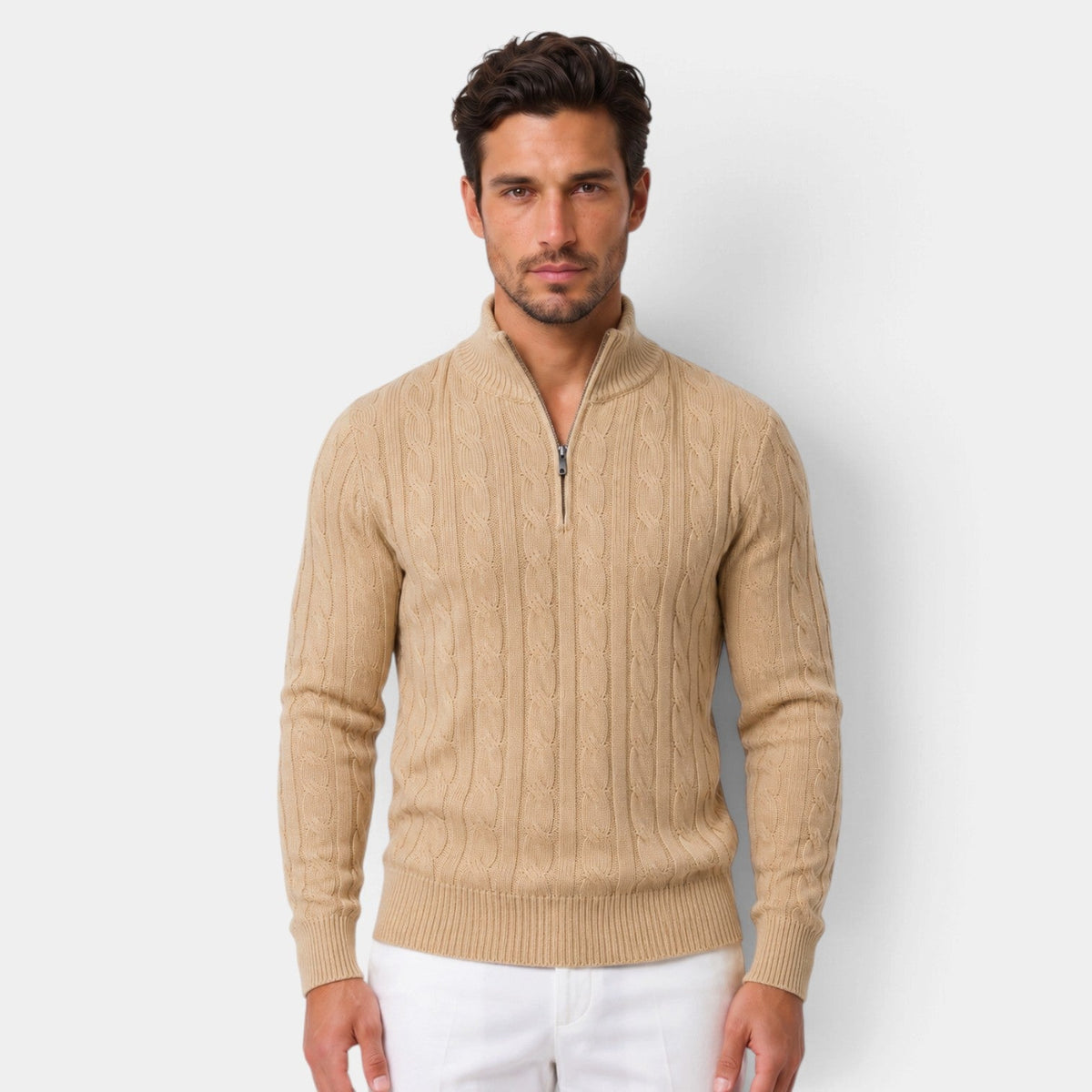 Félix | Pull Homme Maille Torsadée à Col Camionneur Zippé - Beige