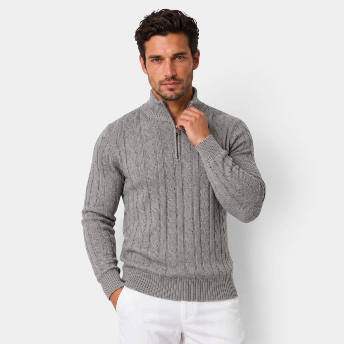 Félix | Pull Homme Maille Torsadée à Col Camionneur Zippé - Gris