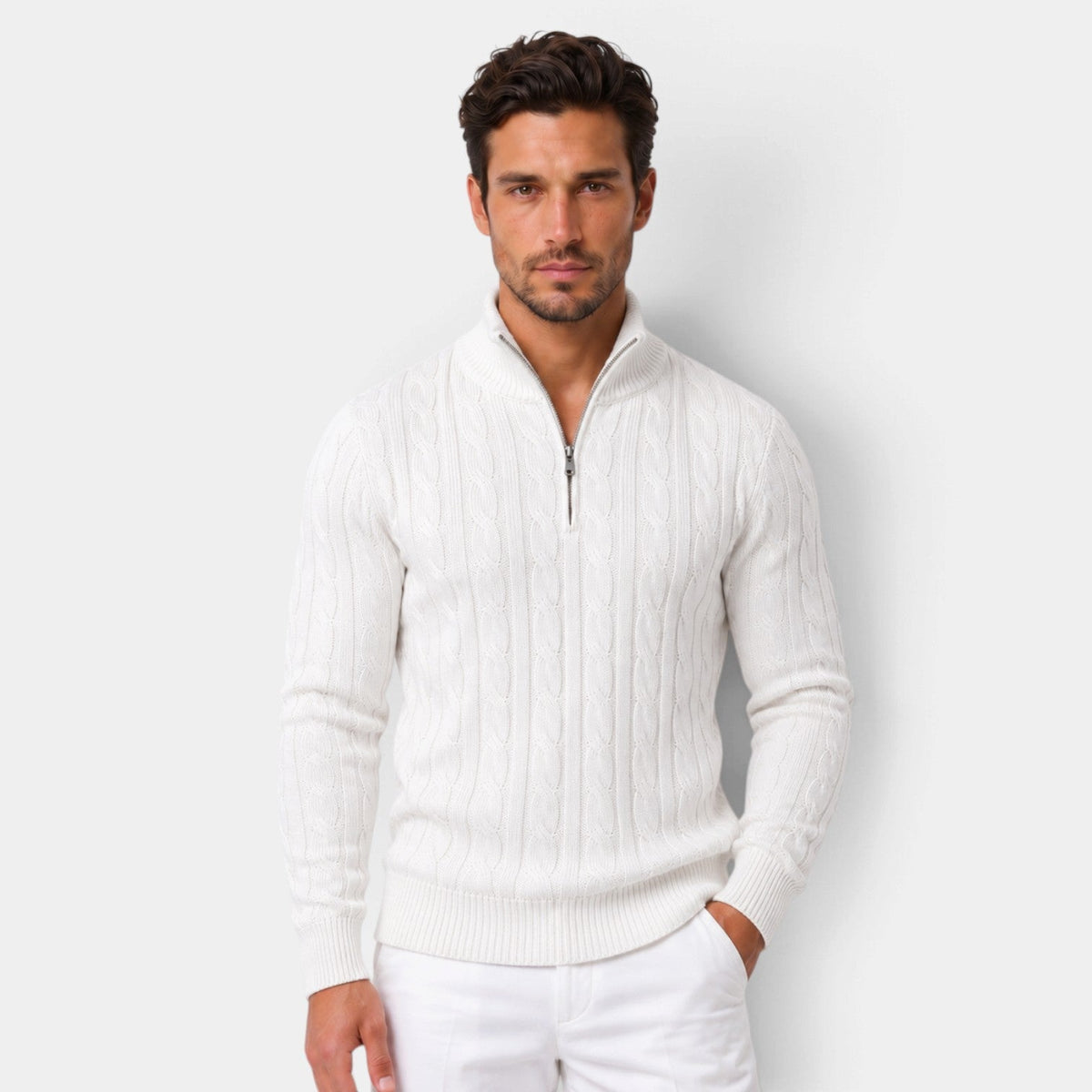 Félix | Pull Homme Maille Torsadée à Col Camionneur Zippé - Blanc