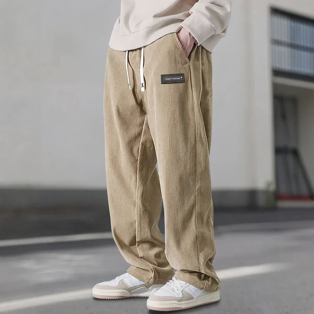 Florent | Pantalon Homme Velours Côtelé Ample à Taille Cordon - Kaki