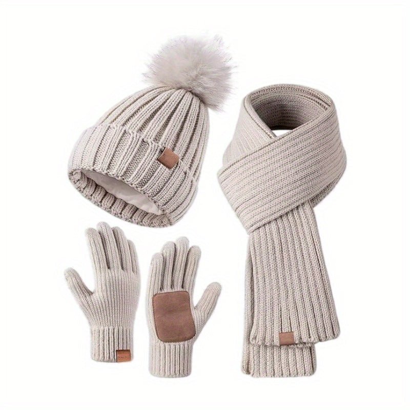 Florentine | Ensemble Bonnet à Pompon, Écharpe et Gants Tactiles Femme en Maille - vue 2