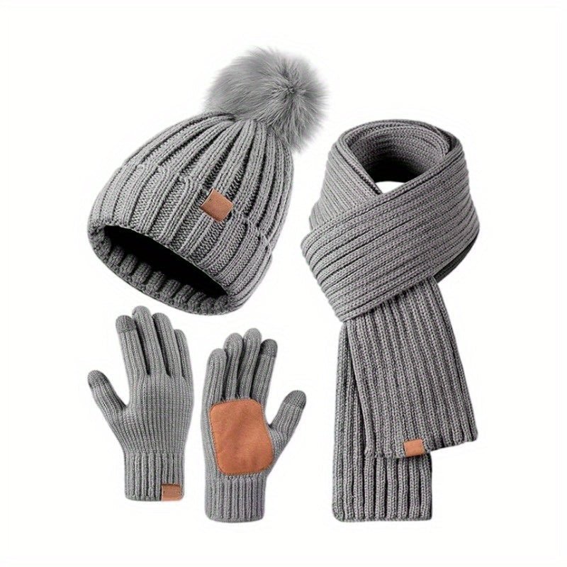 Florentine | Ensemble Bonnet à Pompon, Écharpe et Gants Tactiles Femme en Maille - Gris clair