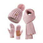 Florentine | Ensemble Bonnet à Pompon, Écharpe et Gants Tactiles Femme en Maille - Rose