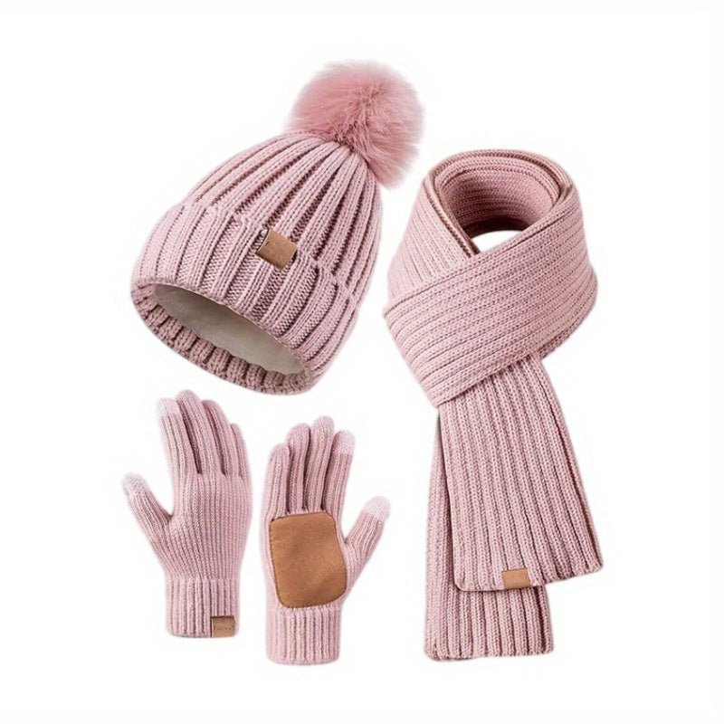 Florentine | Ensemble Bonnet à Pompon, Écharpe et Gants Tactiles Femme en Maille - Rose