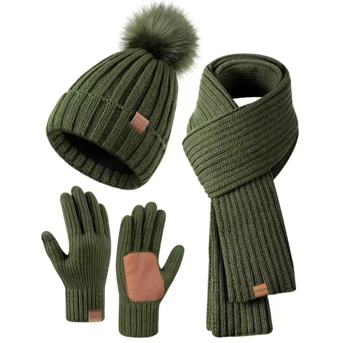 Florentine | Ensemble Bonnet à Pompon, Écharpe et Gants Tactiles Femme en Maille - Vert olive
