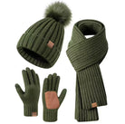 Florentine | Ensemble Bonnet à Pompon, Écharpe et Gants Tactiles Femme en Maille - Vert olive