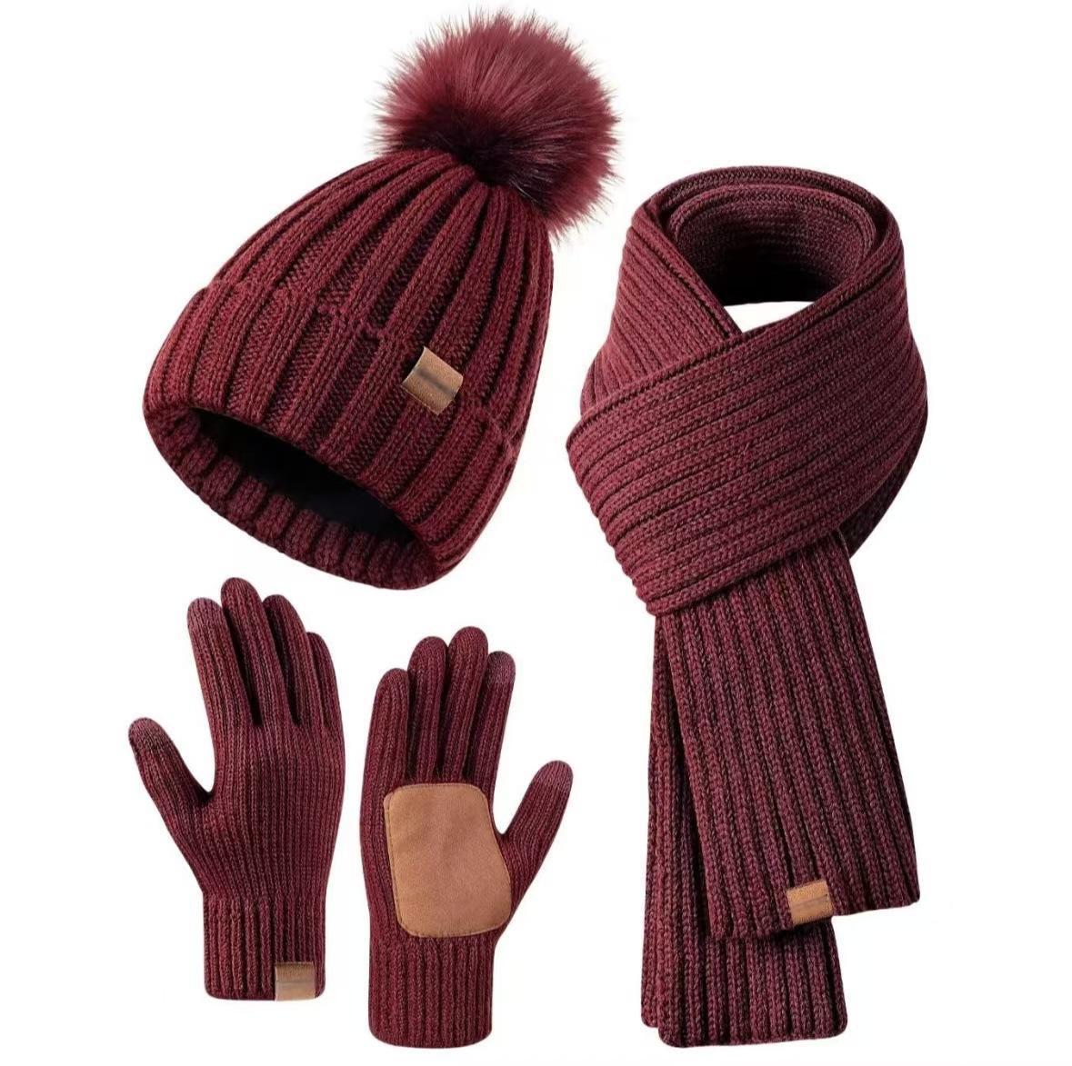 Florentine | Ensemble Bonnet à Pompon, Écharpe et Gants Tactiles Femme en Maille - Bordeaux