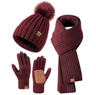 Florentine | Ensemble Bonnet à Pompon, Écharpe et Gants Tactiles Femme en Maille - Bordeaux