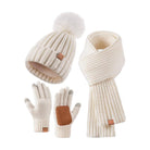 Florentine | Ensemble Bonnet à Pompon, Écharpe et Gants Tactiles Femme en Maille - Blanc cassé