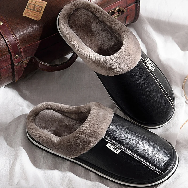 Francis | Chaussons Mules Homme Effet Cuir à Doublure Peluche Chaude - Noir