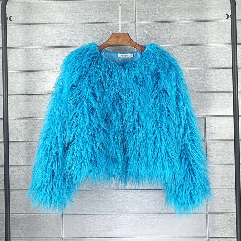 Françoise | Veste Courte en Fausse Fourrure à Poils Longs Femme - Bleu turquoise