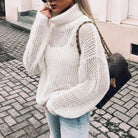 Gabrielle | Pull Col Roulé Grosse Maille Femme Oversize à Manches Ballon - Blanc