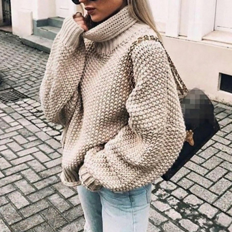 Gabrielle | Pull Col Roulé Grosse Maille Femme Oversize à Manches Ballon - Taupe