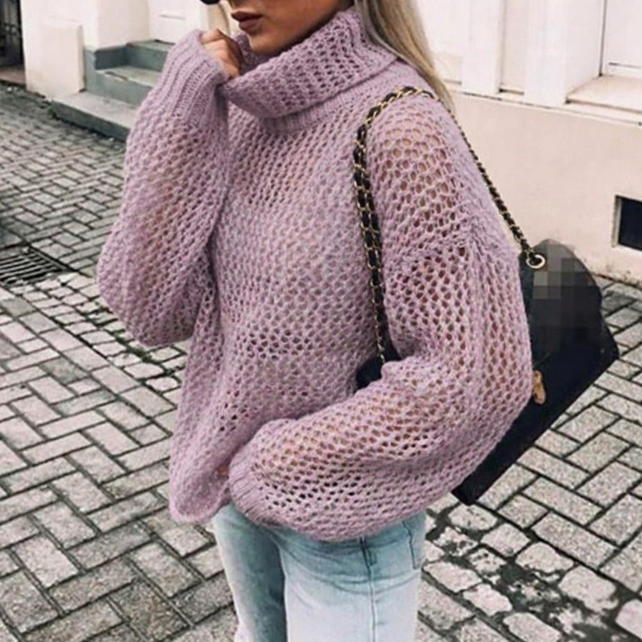 Gabrielle | Pull Col Roulé Grosse Maille Femme Oversize à Manches Ballon - Violet