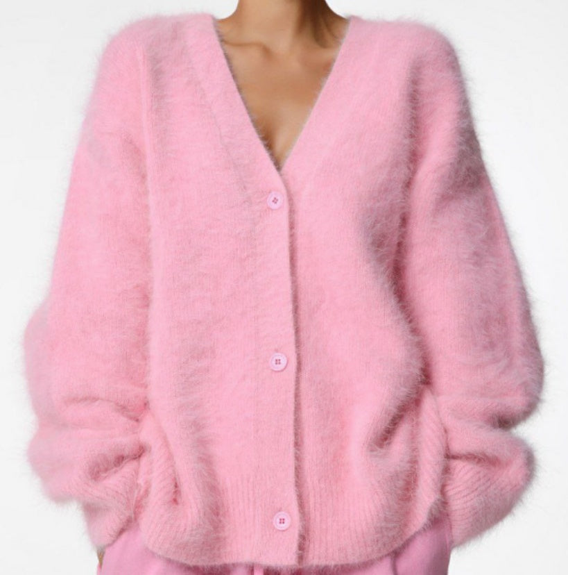 Geneviève | Gilet Femme Ample en Maille Duveteuse à Col V Boutonné - Rose