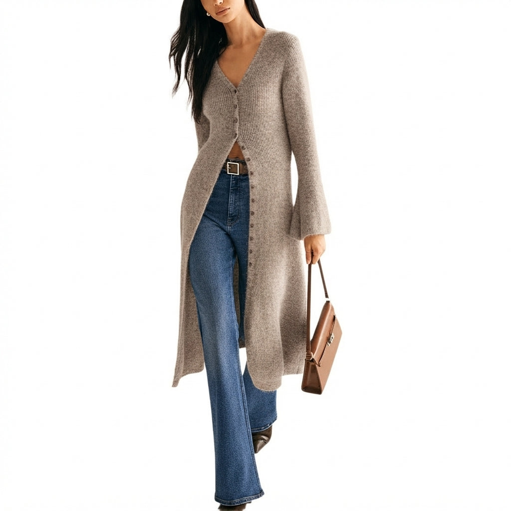 Ghislaine | Gilet Long en Maille Col V Boutonné Femme - Gris