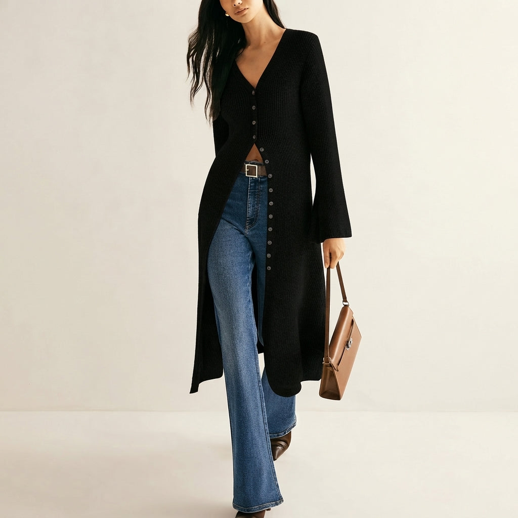 Ghislaine | Gilet Long en Maille Col V Boutonné Femme - Noir