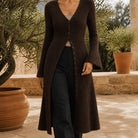 Ghislaine | Gilet Long en Maille Col V Boutonné Femme - Marron foncé