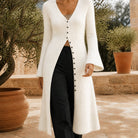 Ghislaine | Gilet Long en Maille Col V Boutonné Femme - Blanc cassé