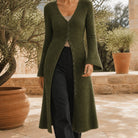 Ghislaine | Gilet Long en Maille Col V Boutonné Femme - Vert armée