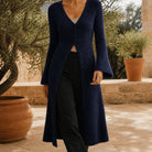 Ghislaine | Gilet Long en Maille Col V Boutonné Femme - Bleu marine