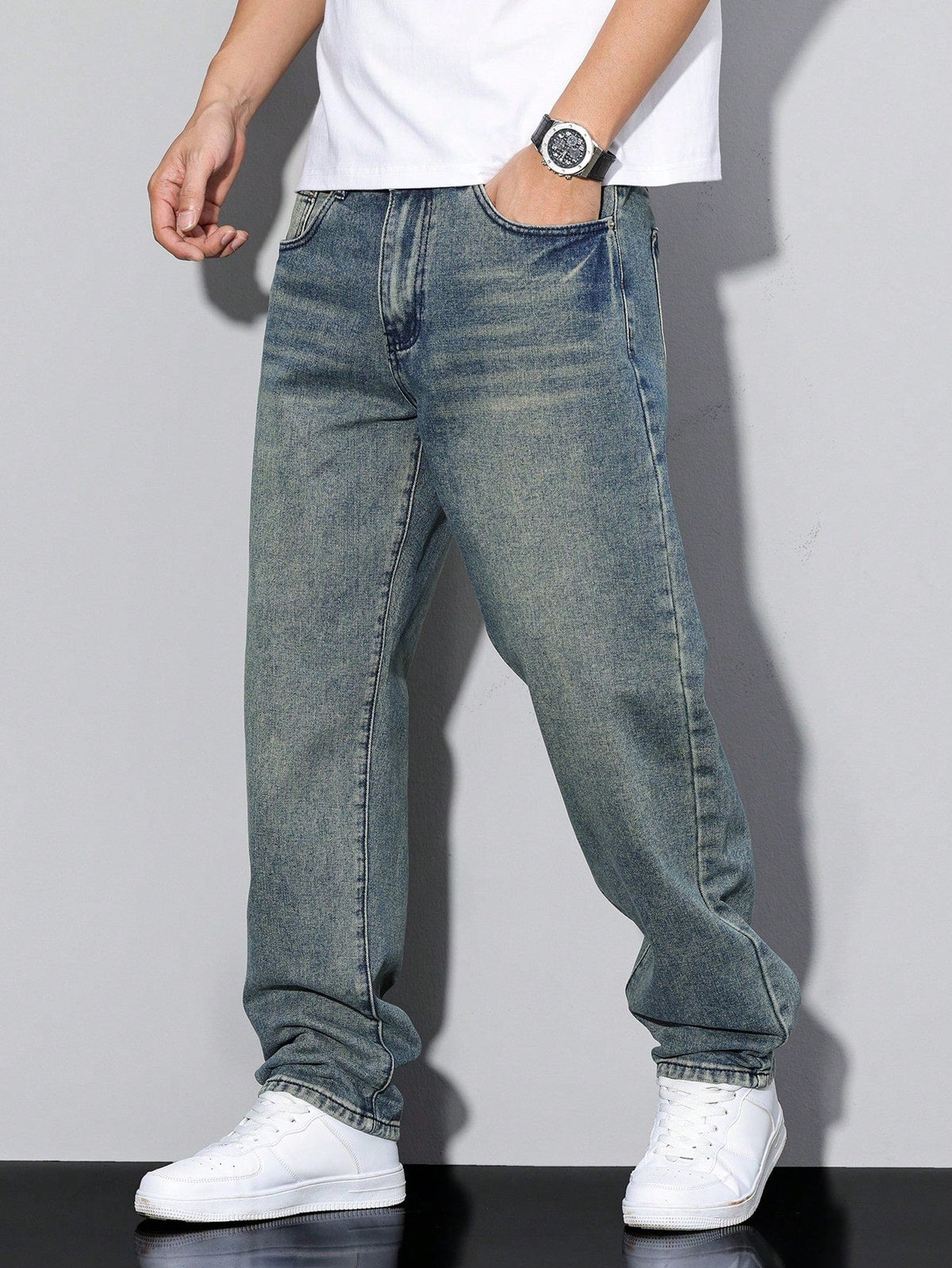 Gilles | Jean Homme Coupe Droite Ample en Denim Délavé - Bleu vintage