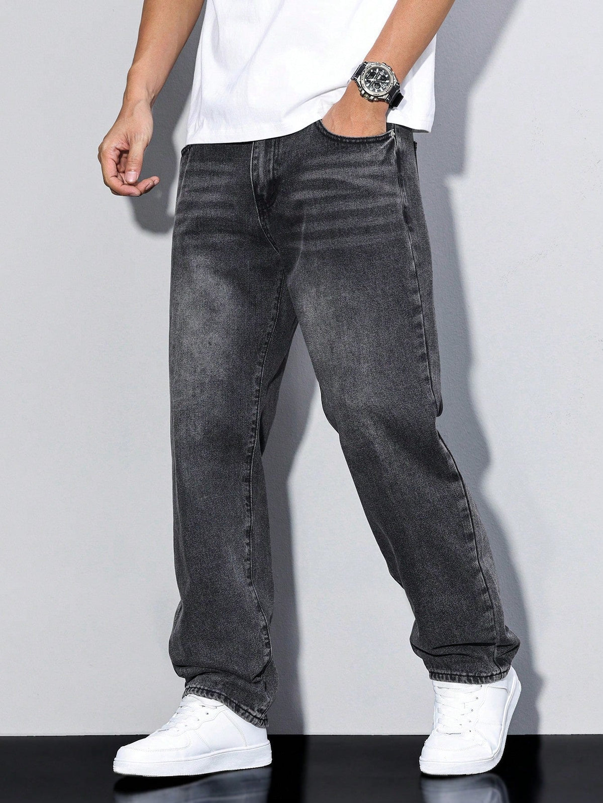 Gilles | Jean Homme Coupe Droite Ample en Denim Délavé - Noir délavé