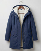 Gisèle | Parka Femme Doublée Polaire à Capuche, Taille Ajustable et Longueur Mi-Cuisse - Bleu foncé