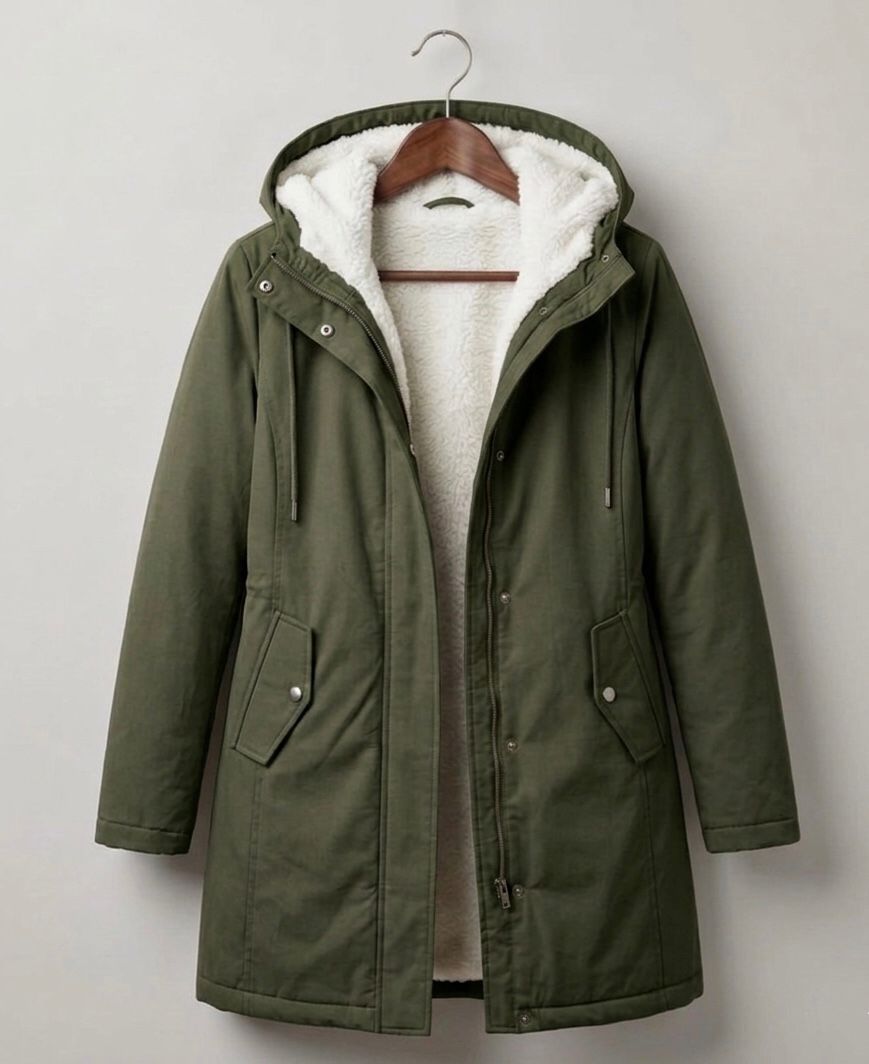 Gisèle | Parka Femme Doublée Polaire à Capuche, Taille Ajustable et Longueur Mi-Cuisse - Vert militaire