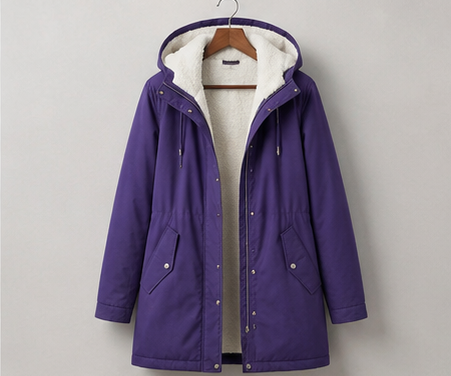 Gisèle | Parka Femme Doublée Polaire à Capuche, Taille Ajustable et Longueur Mi-Cuisse - Violet