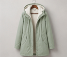 Gisèle | Parka Femme Doublée Polaire à Capuche, Taille Ajustable et Longueur Mi-Cuisse - Vert menthe