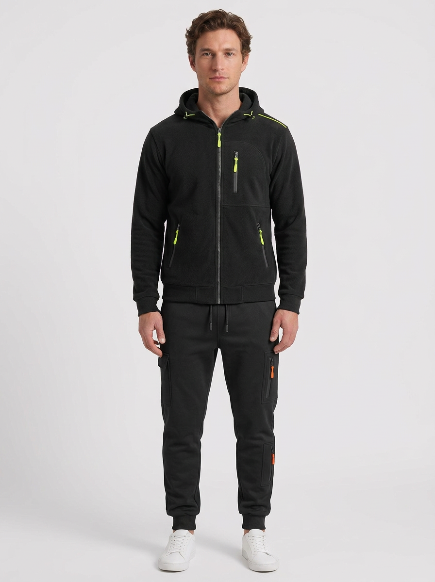 Hector | Ensemble Jogging Homme en Polaire, Veste Zippée à Capuche et Pantalon Cargo - Noir