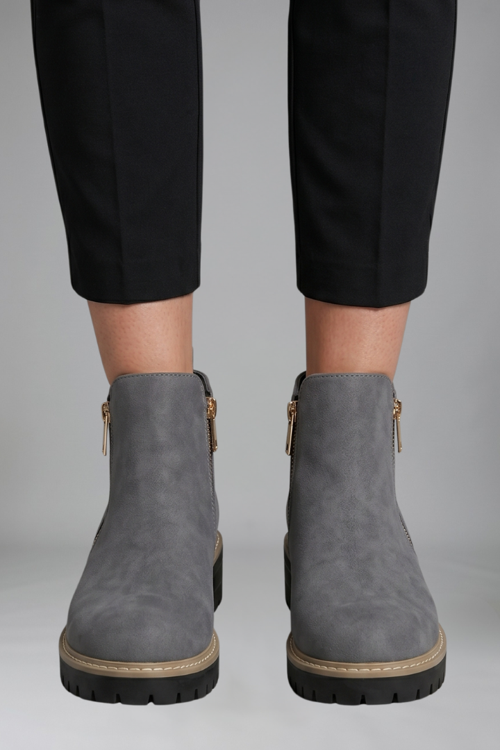 Hélène | Bottines Zippées Aspect Daim à Semelle Crantée Femme - Gris