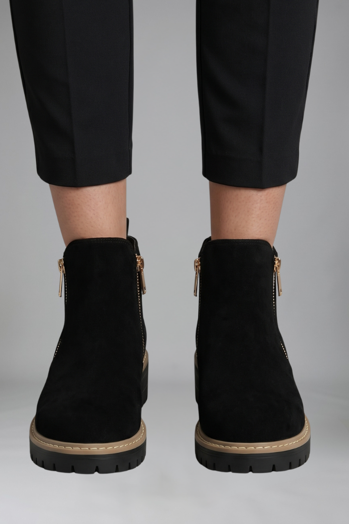 Hélène | Bottines Zippées Aspect Daim à Semelle Crantée Femme - Noir