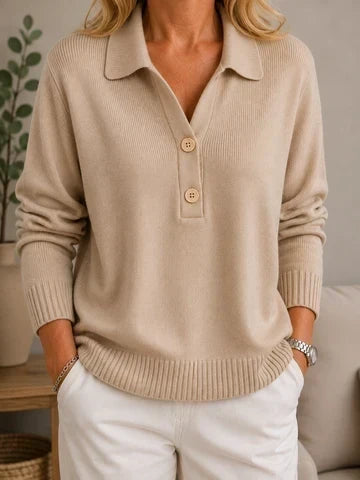 Hermine | Pull Femme Col Polo Boutonné en Maille Douce - Beige