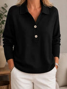 Hermine | Pull Femme Col Polo Boutonné en Maille Douce - Noir