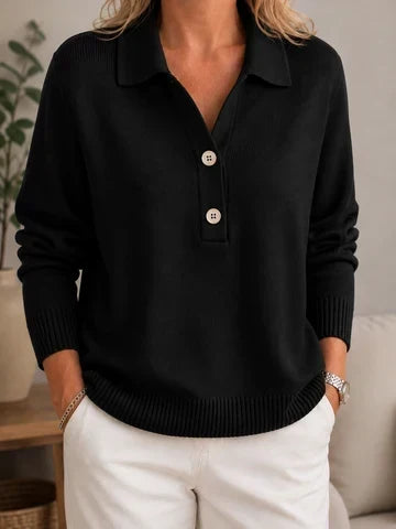 Hermine | Pull Femme Col Polo Boutonné en Maille Douce - Noir