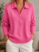 Hermine | Pull Femme Col Polo Boutonné en Maille Douce - Rose fuchsia