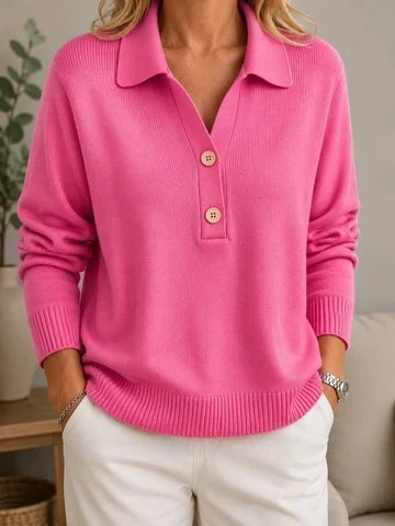 Hermine | Pull Femme Col Polo Boutonné en Maille Douce - Rose fuchsia