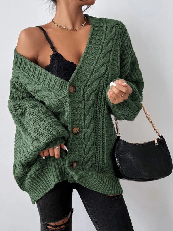 Hortense | Gilet Oversize Femme Torsadé à Manches Ballon - Vert kaki