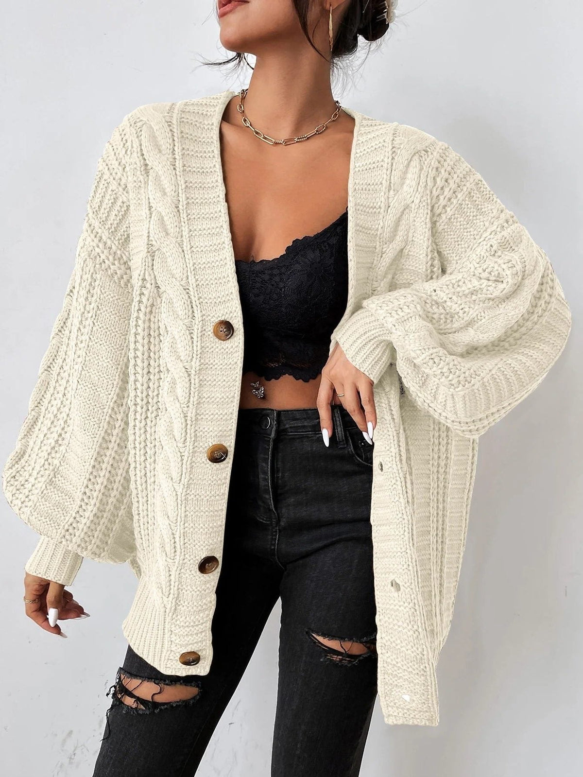 Hortense | Gilet Oversize Femme Torsadé à Manches Ballon - Crème