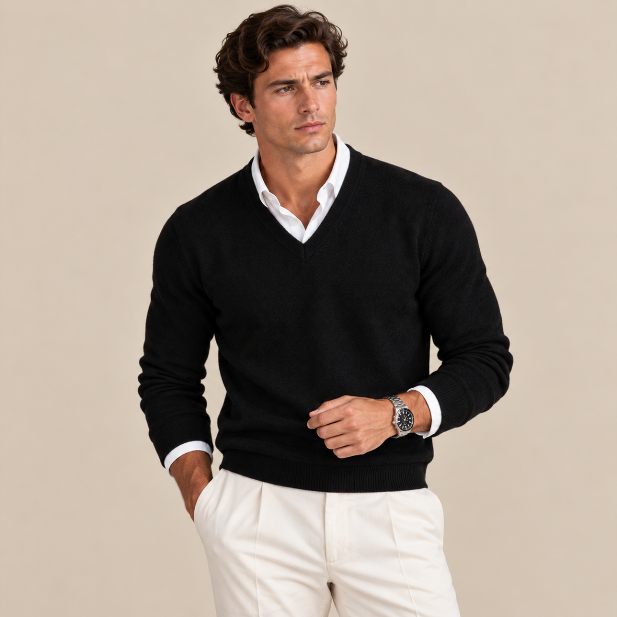 Hugues | Pull Homme Col V en Maille Douce Toucher Cachemire - Noir