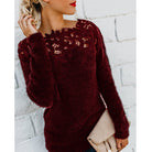 Inès | Pull Femme Maille Duveteuse à Empiècement en Dentelle - Bordeaux